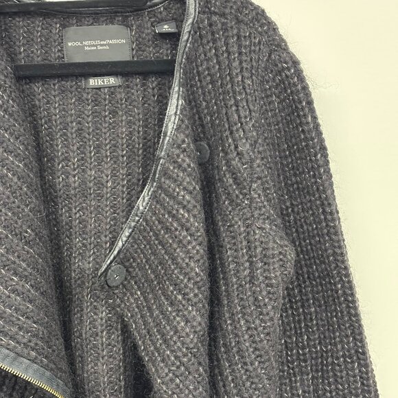 Maison Scotch - Black Wool Biker Cardigan w/ Gold Fleck & Leather Trim | M/L - Picture 2 of 5